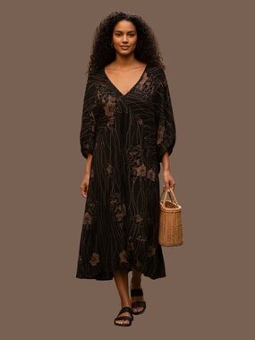 Chic Black and Brown Floral Midi Dress